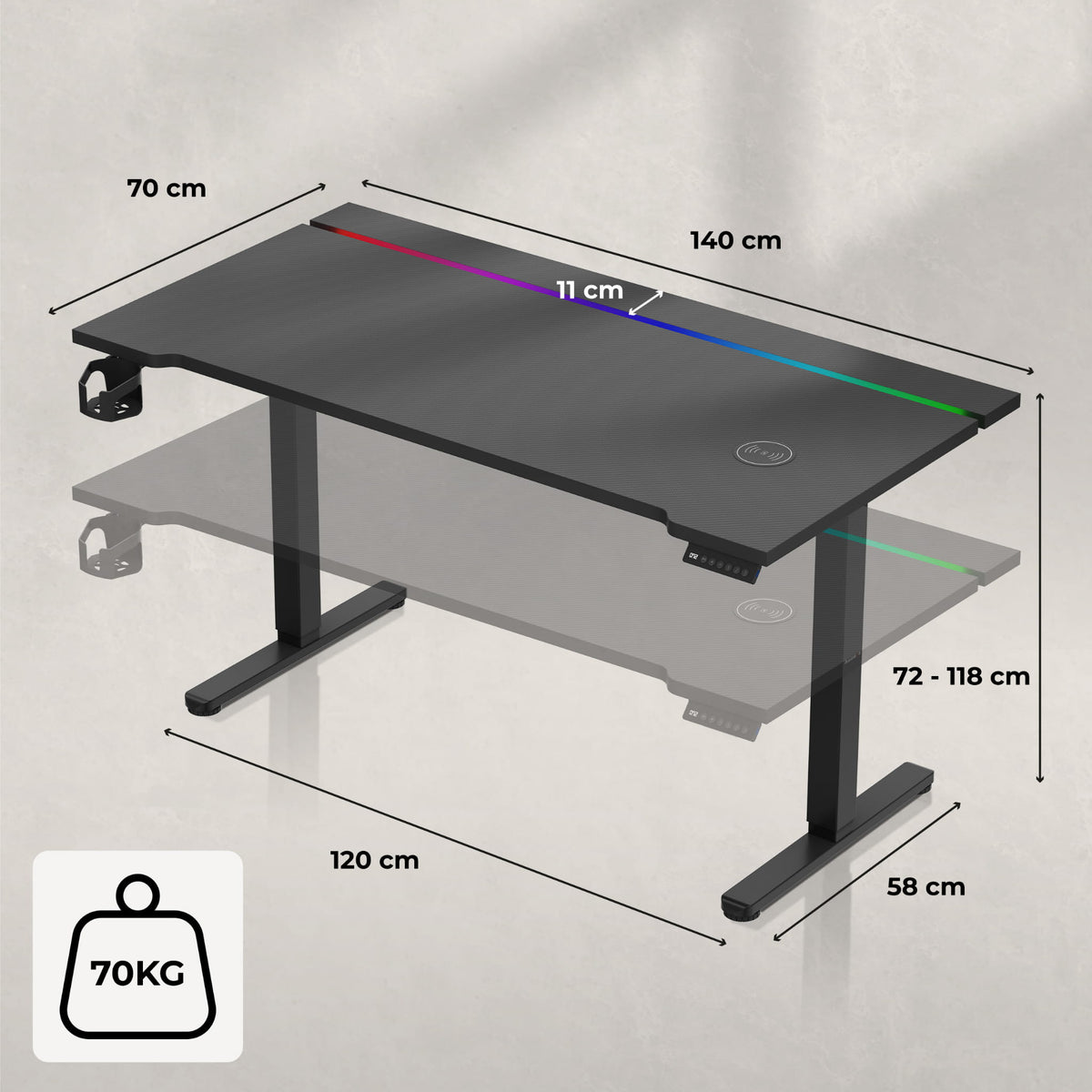 Huzaro Hero 8.7 RGB LED elektromos íróasztal, 140 cm