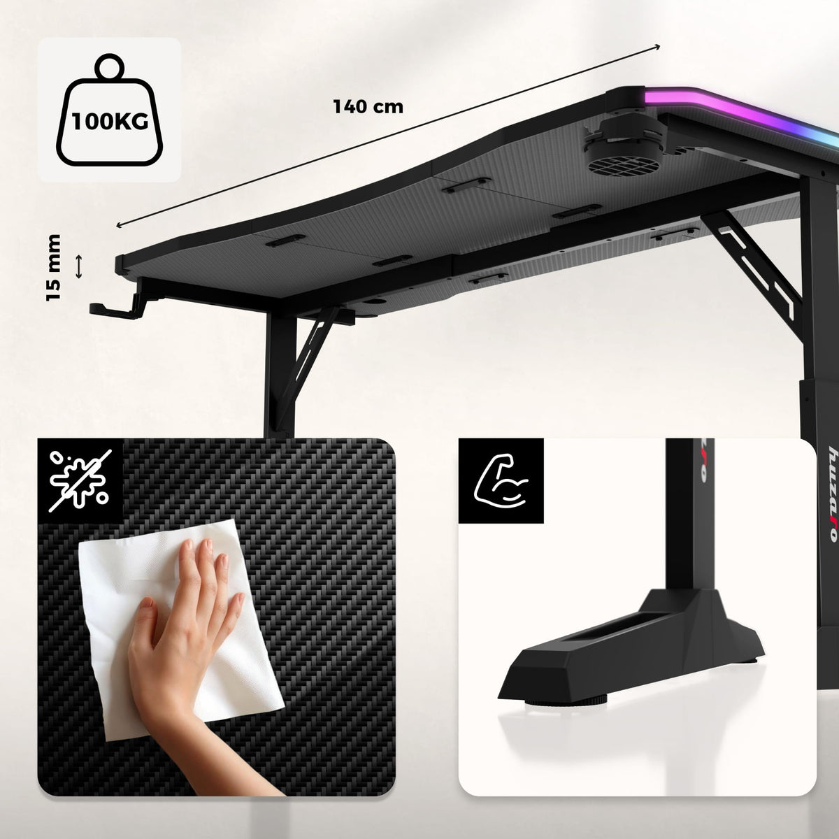 Huzaro Hero 3.6 RGB LED Black 140 cm-es gamer íróasztal