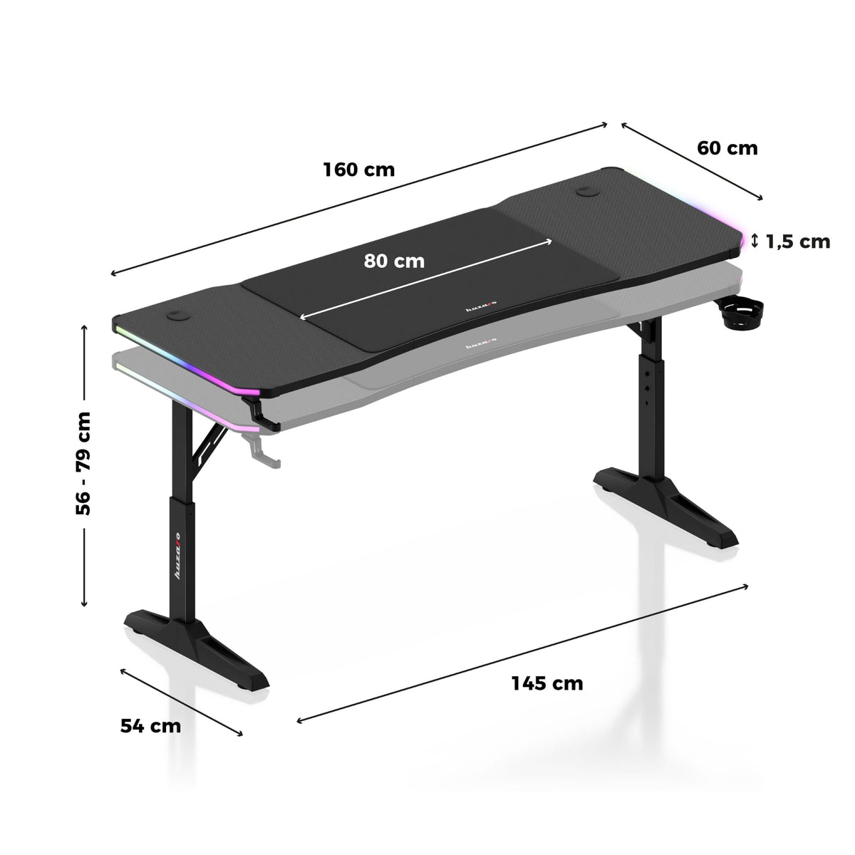Huzaro Hero 4.6 RGB Black 160 cm-es LED-es gamer íróasztal