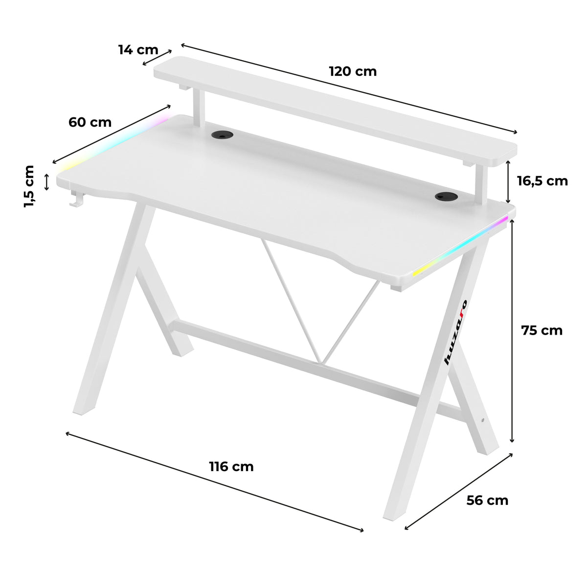 Huzaro Hero 1.9 RGB White 120 cm-es LED-es gamer íróasztal