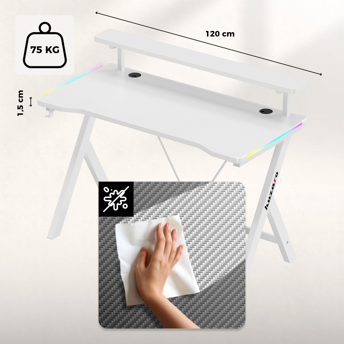 Huzaro Hero 1.9 RGB White 120 cm-es LED-es gamer íróasztal