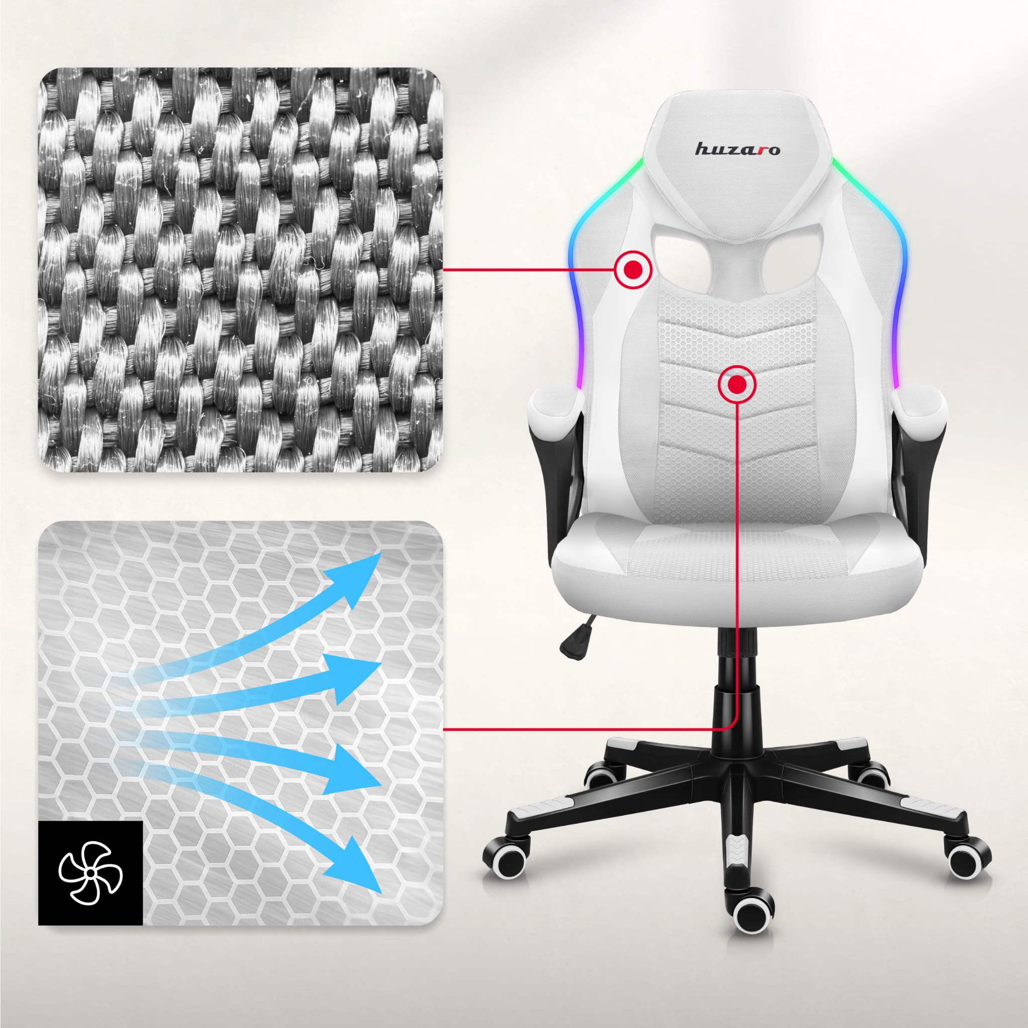 Fotel Gamingowy Huzaro Force 2.5 RGB White Mesh