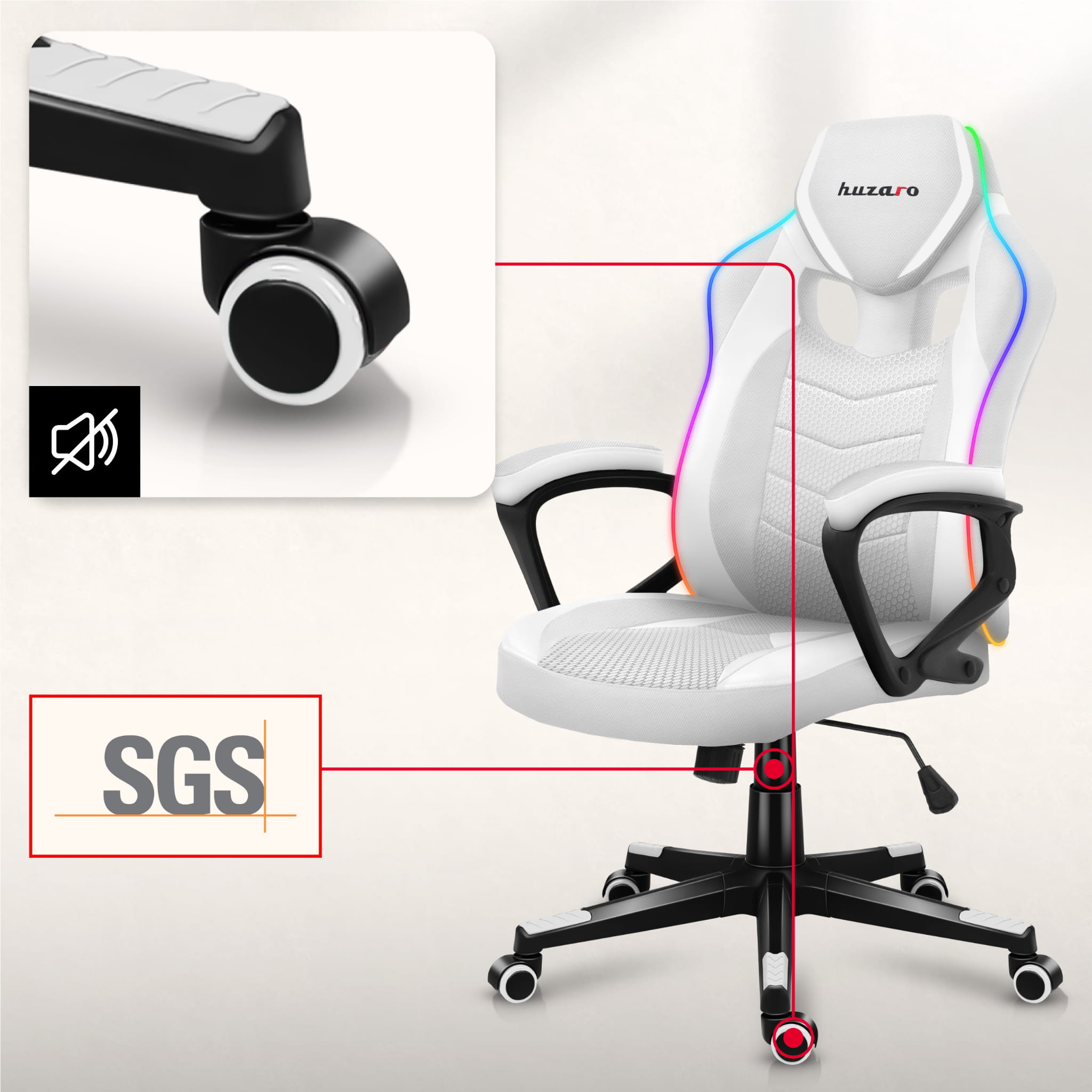 Fotel Gamingowy Huzaro Force 2.5 RGB White Mesh