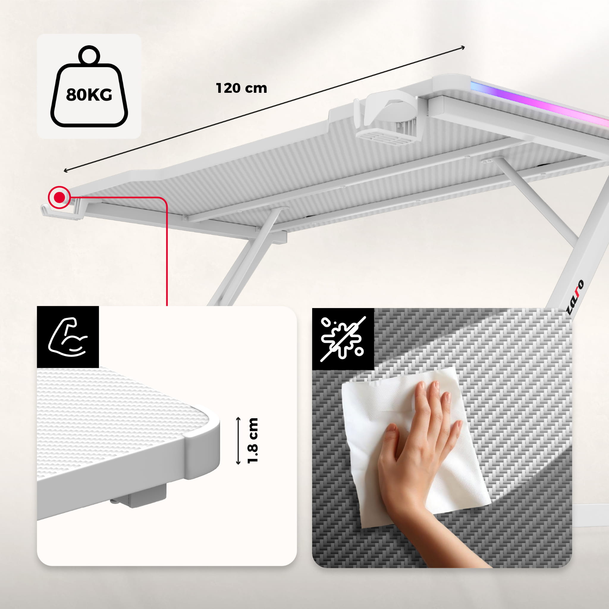 Biurko Gamingowe Huzaro Hero 2.5 RGB WHITE 120 cm