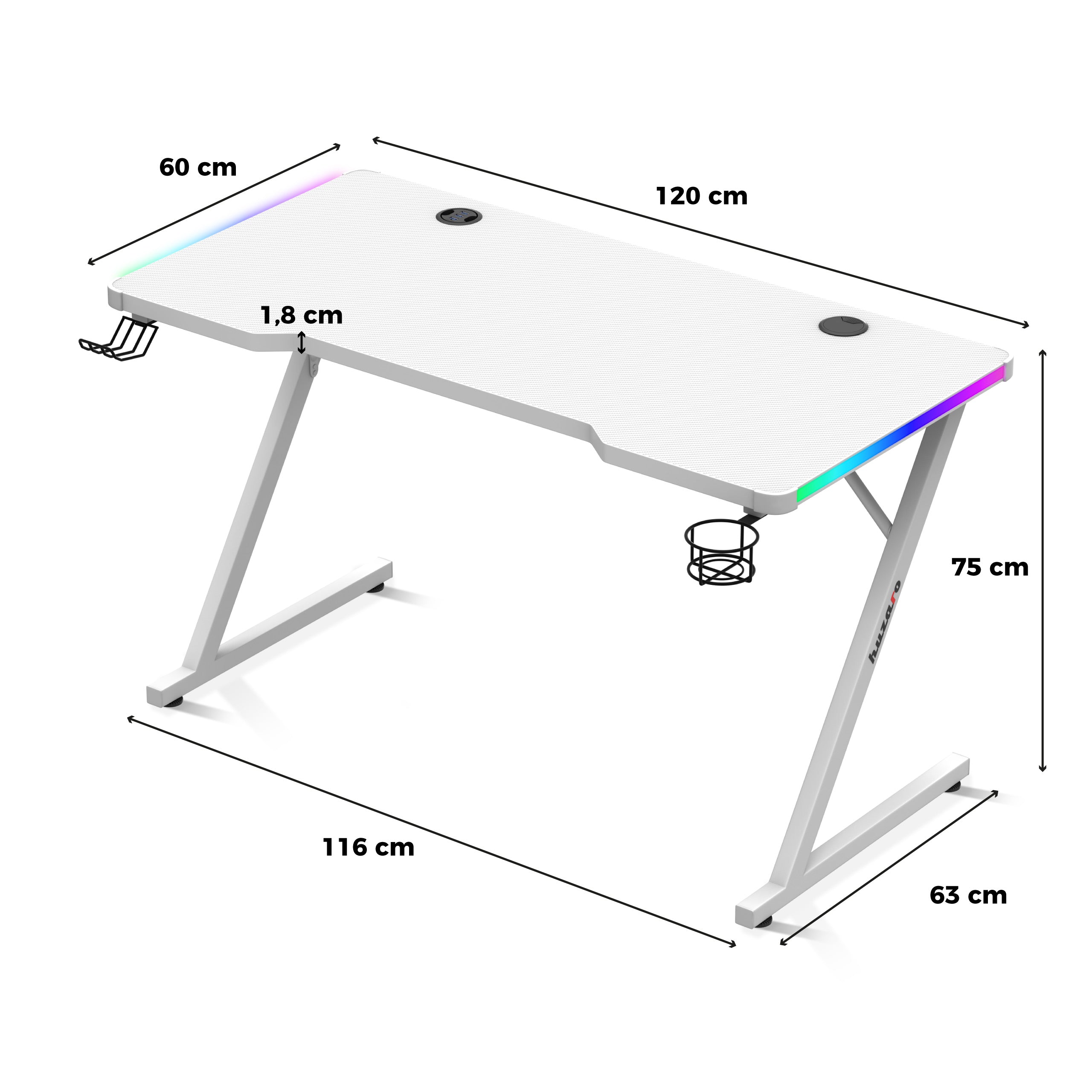 Biurko Gamingowe Huzaro Hero 2.5 RGB WHITE 120 cm