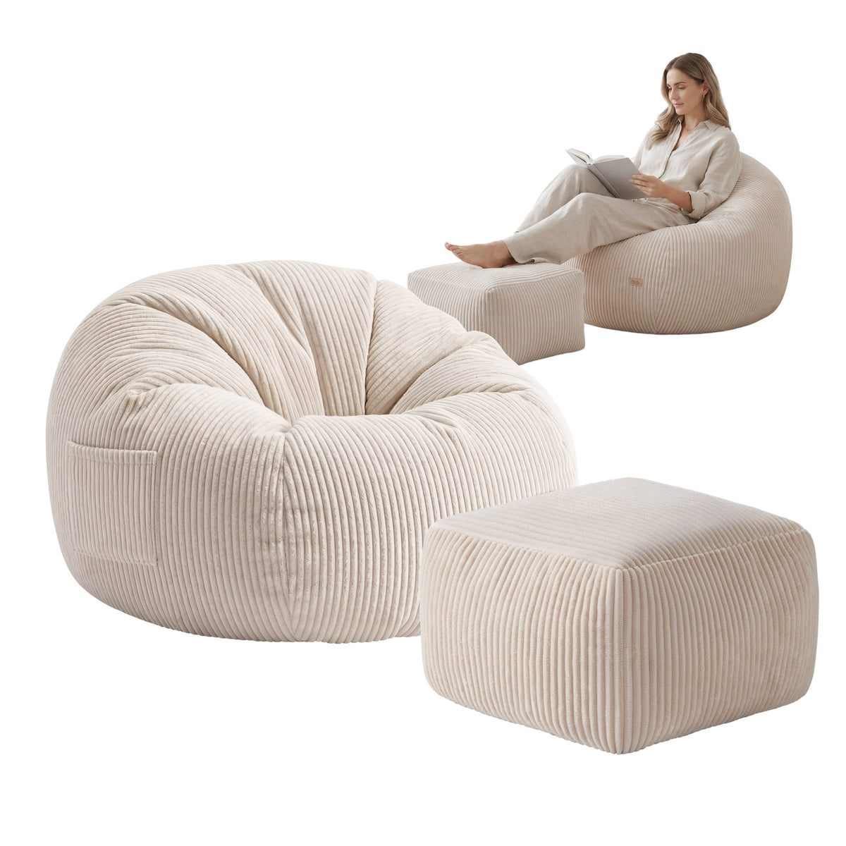 Mark Adler Comfy 3.0 Beige kordbársony fotel-puff lábtartóval
