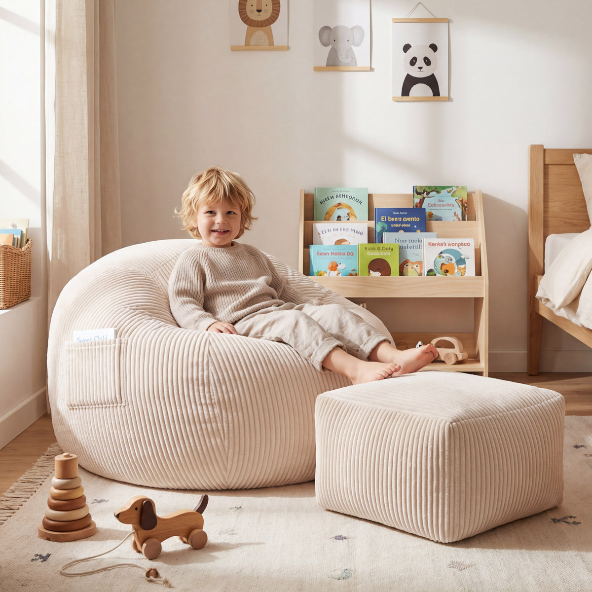 Mark Adler Comfy 3.0 Beige kordbársony fotel-puff lábtartóval