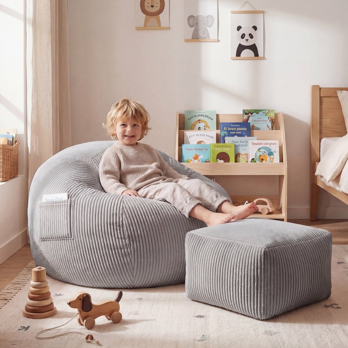 Mark Adler Comfy 3.0 Grey kordbársony fotel-puff lábtartóval