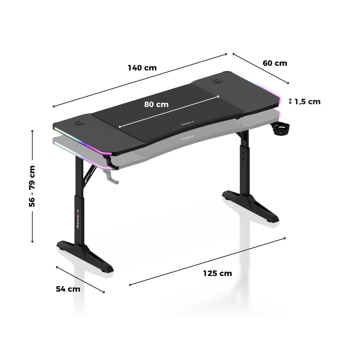 Huzaro Hero 3.6 RGB LED Black 140 cm-es gamer íróasztal