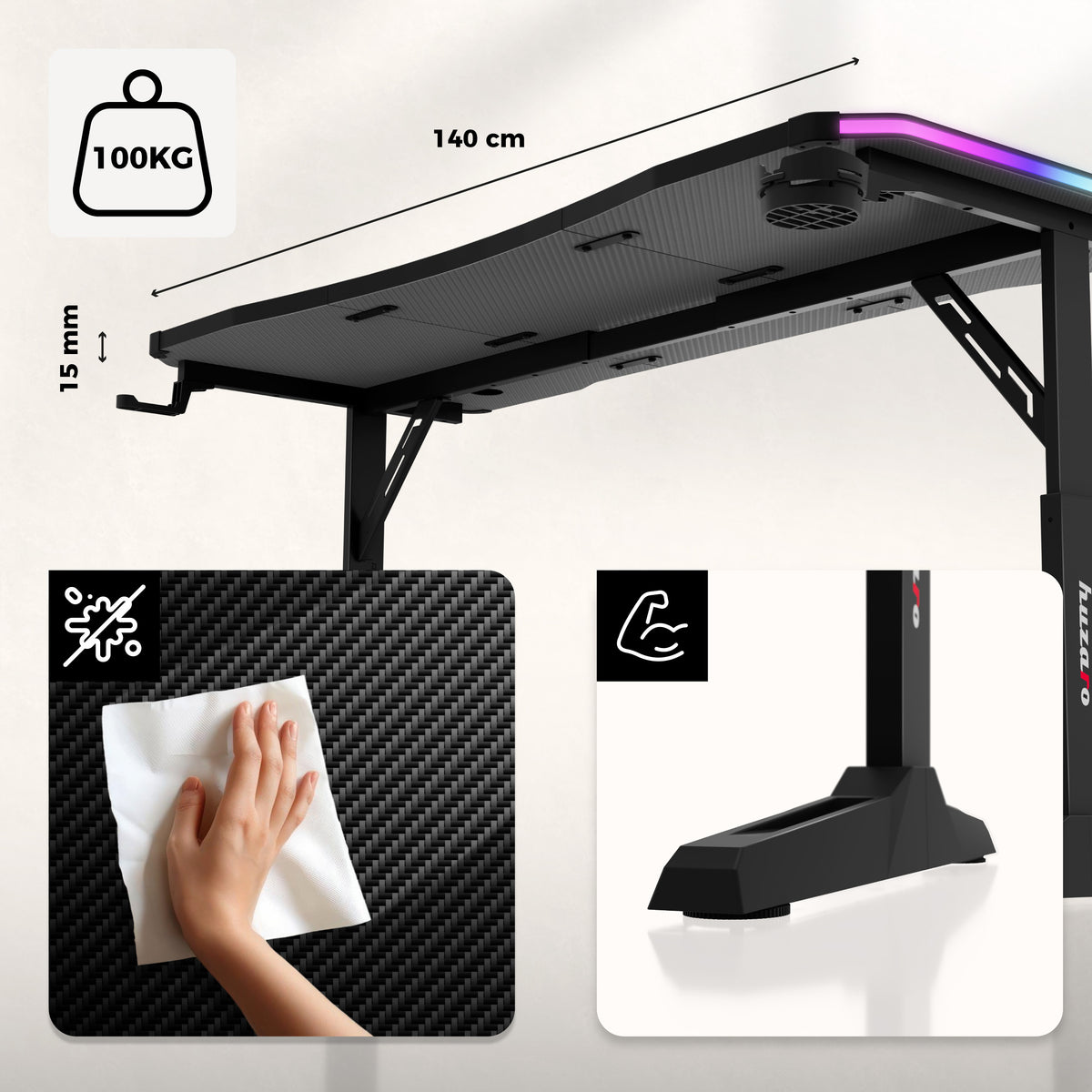 Huzaro Hero 3.6 RGB LED Black 140 cm-es gamer íróasztal