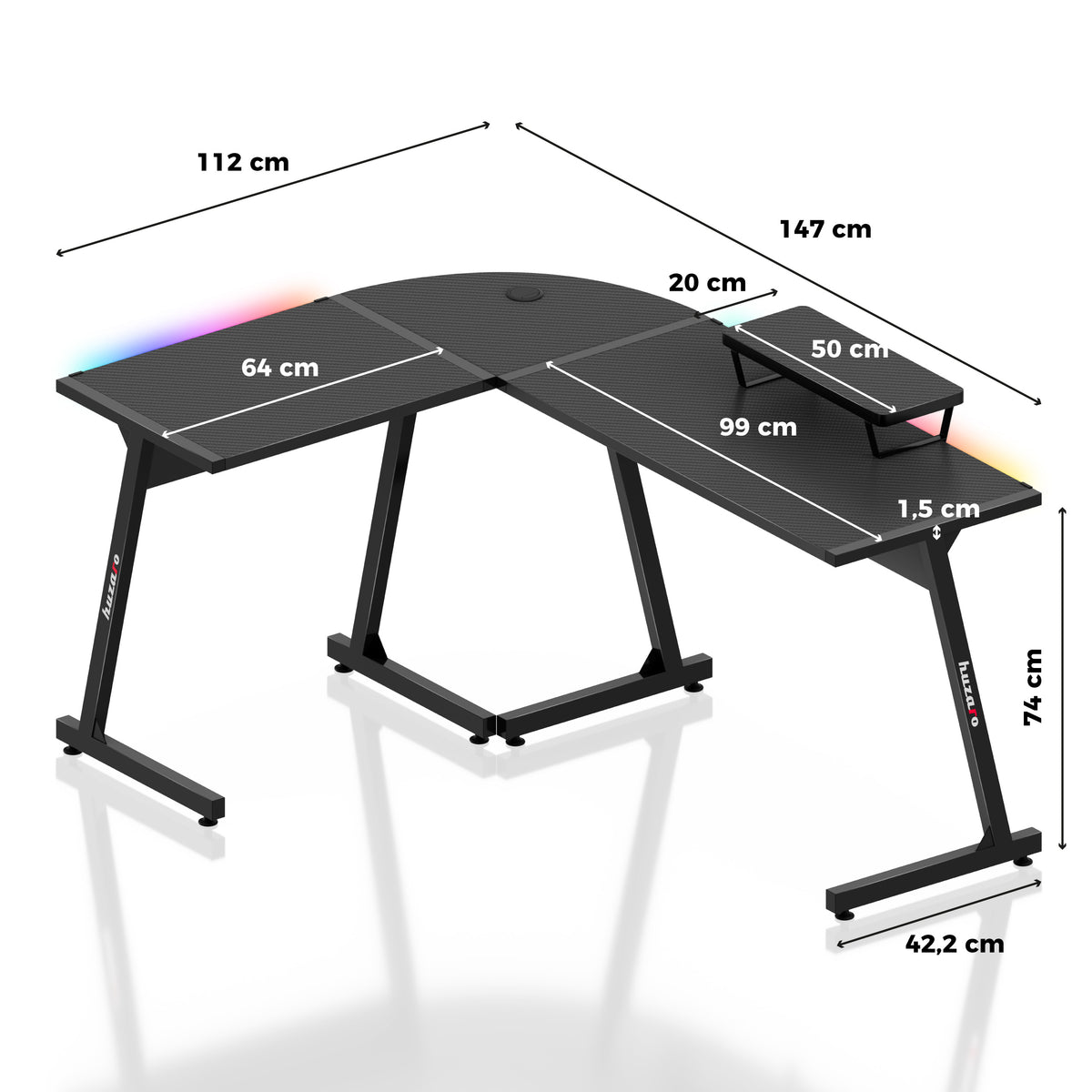 HUZARO HERO 6.0 Black RGB Smart 147 cm-es gamer íróasztal